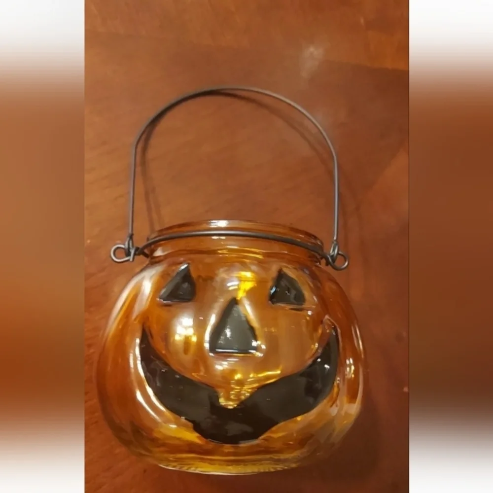 Glass Pumpkin Tealight Candleholders, 3x4-in. Vintage style Jack O' Lantern